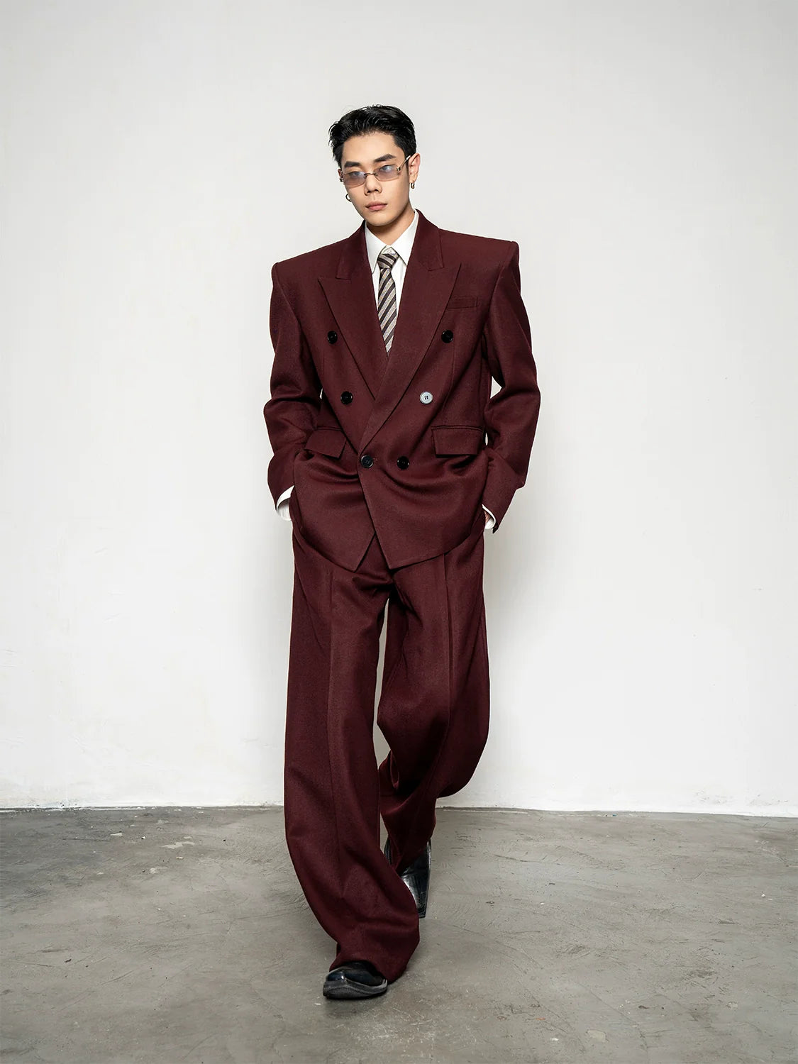 High quality wool overturned shoulder suit jacket men's loose and wide trousers two-piece set R019