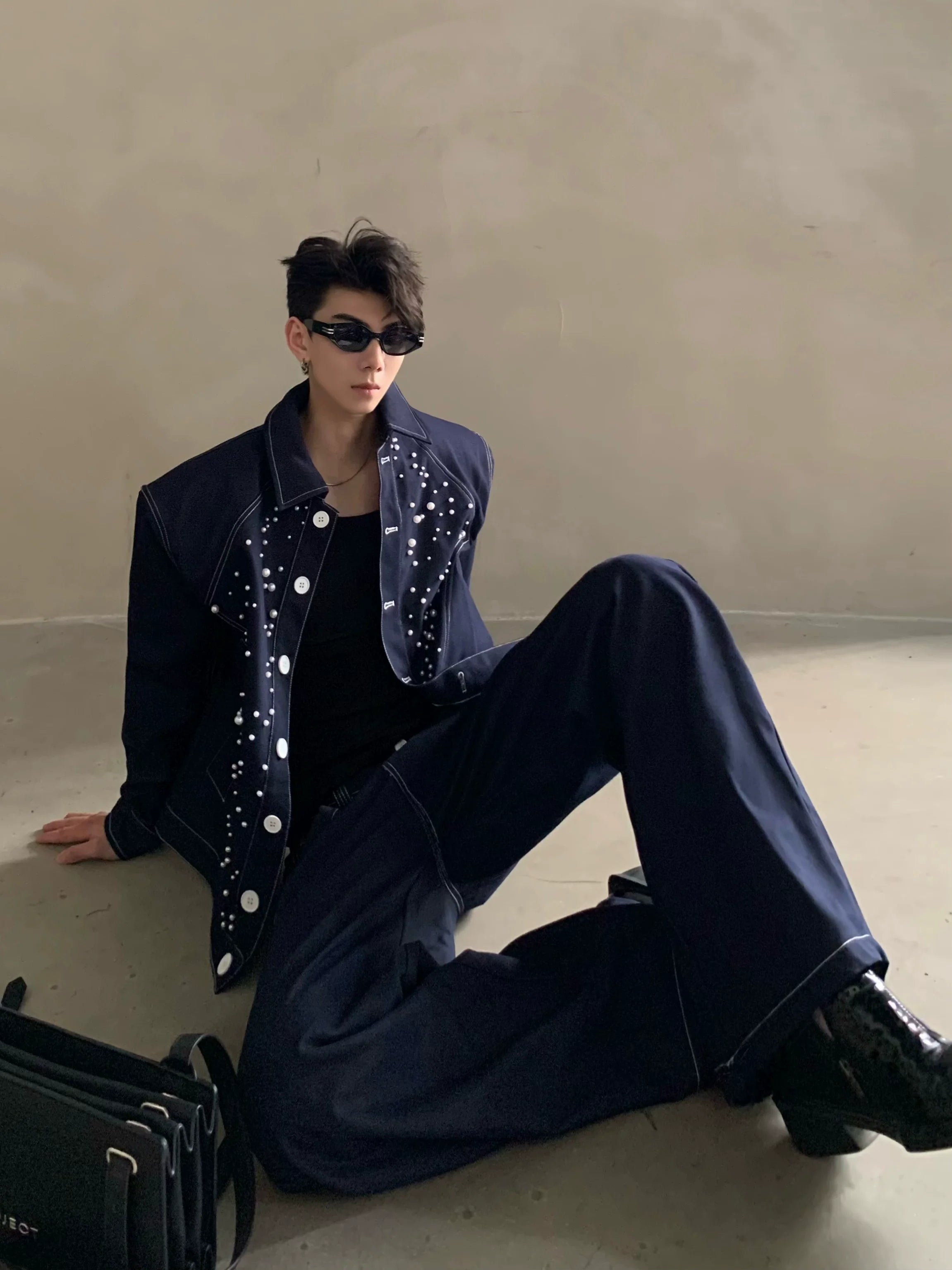 Niche high-end sense light luxury bright diamond pearl design denim jacket men's ruffian handsome fashion suit tide R006