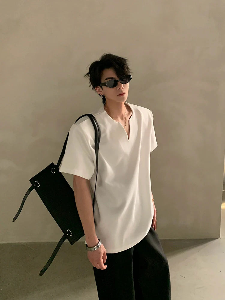 Summer high-end V-neck metal decorative shoulder pads short-sleeved T-shirt male ruffian handsome loose half-sleeved top J0090