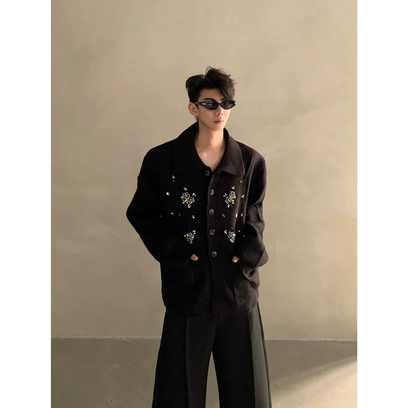 Autumn and winter niche high-end sense of extravagance heavy industry nail flower design knitted sweater men's cardigan jacket tide T0191