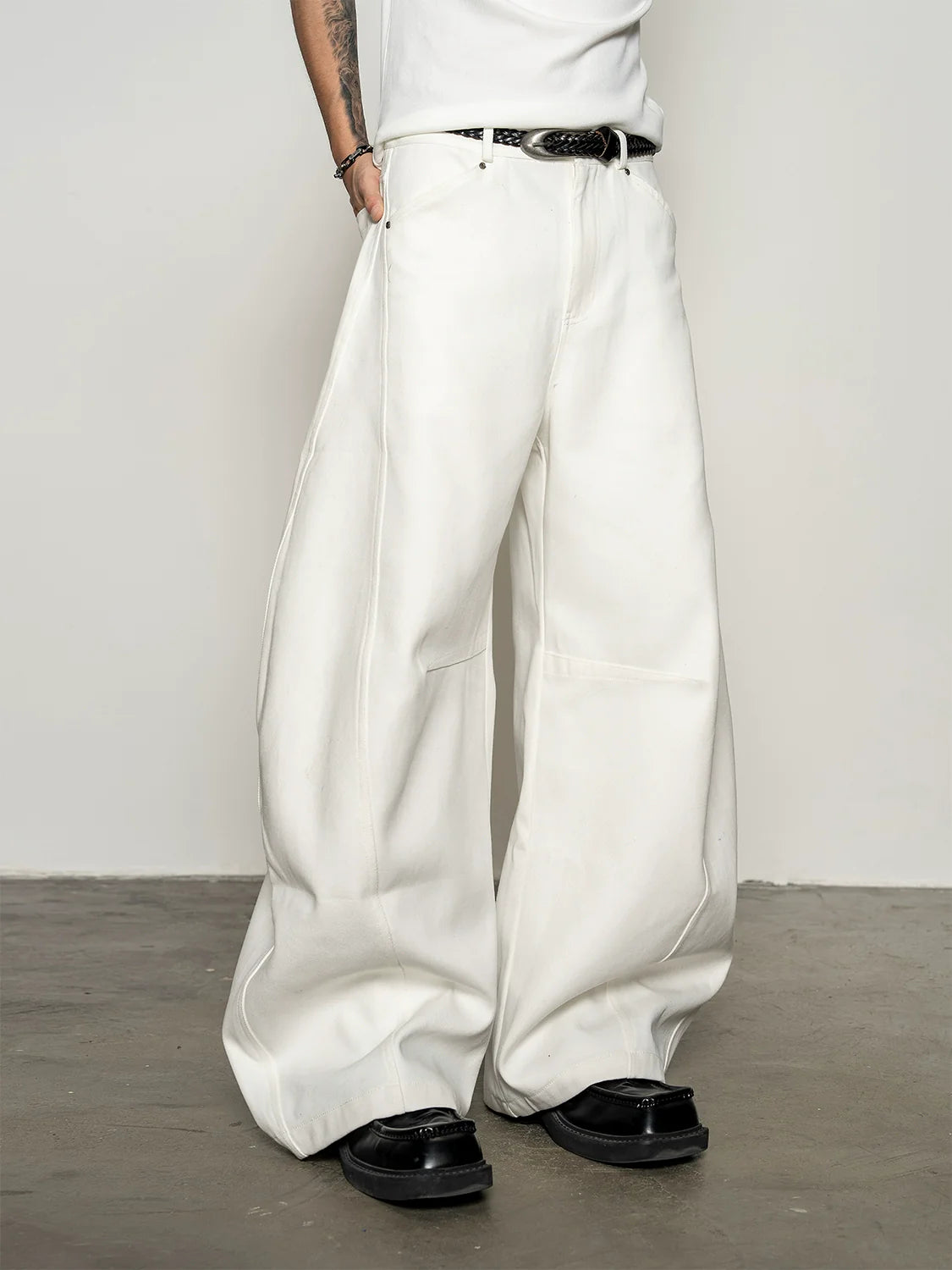 Deconstruction splicing milk silk white high-waisted scimitar pants anti-wrinkle loose wide-leg casual pants B0325