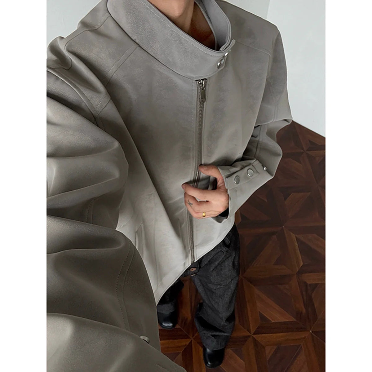 American Harrington pu leather jacket jacket men's trendy brand autumn high street design sense ruffian handsome locomotive suit stand-up collar leather jacket T0156