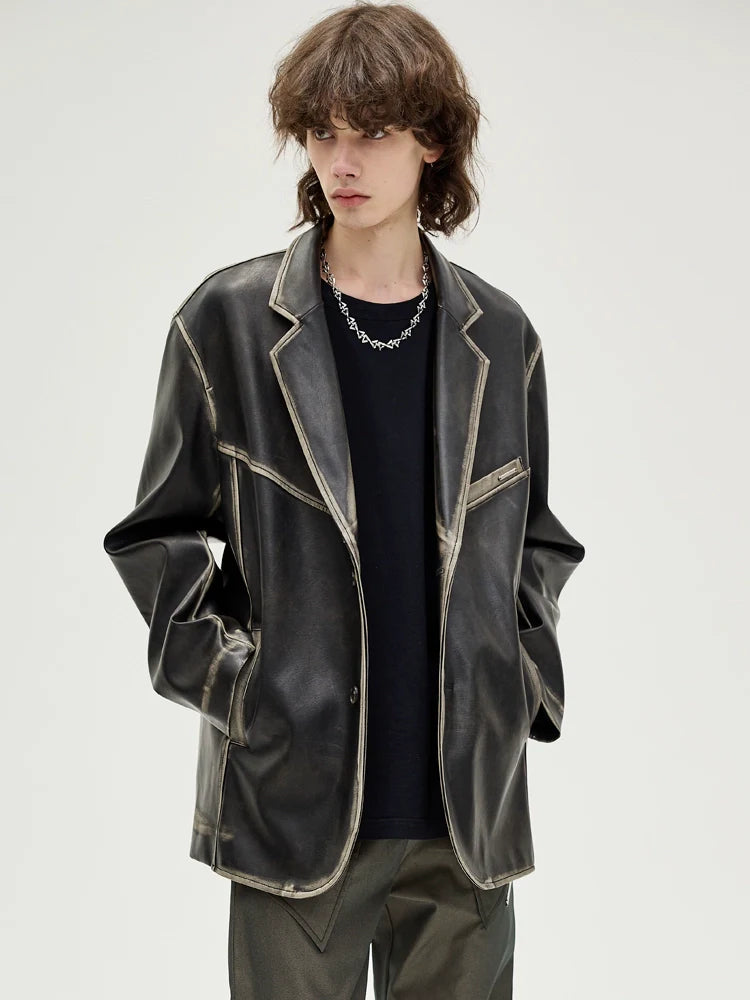 American retro polished leather jacket suit for men and women, black trendy jacket R009