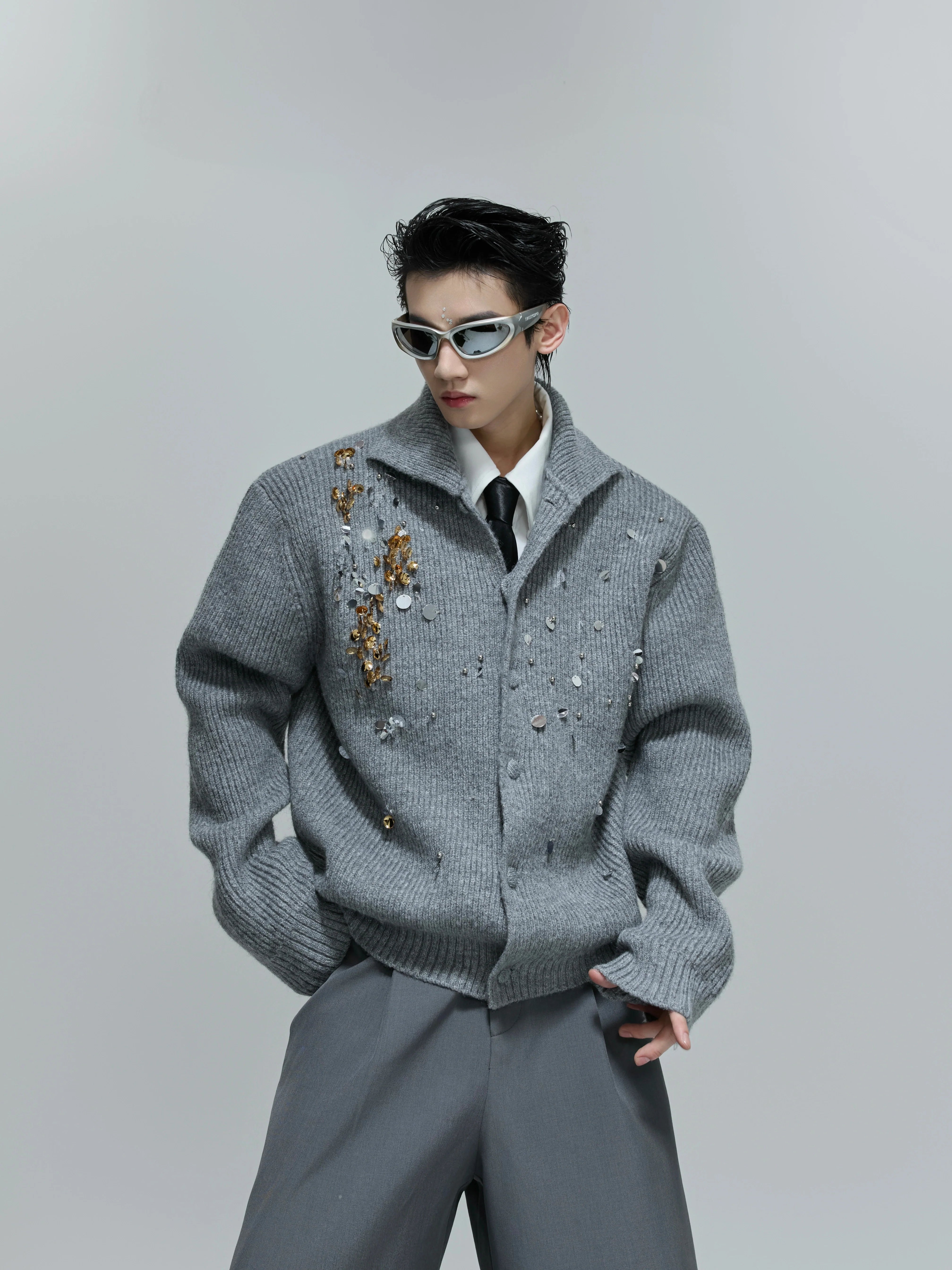 Niche heavy industry sequined design sense turtleneck sweater extravagant lazy knitted sweater jacket winter S0169