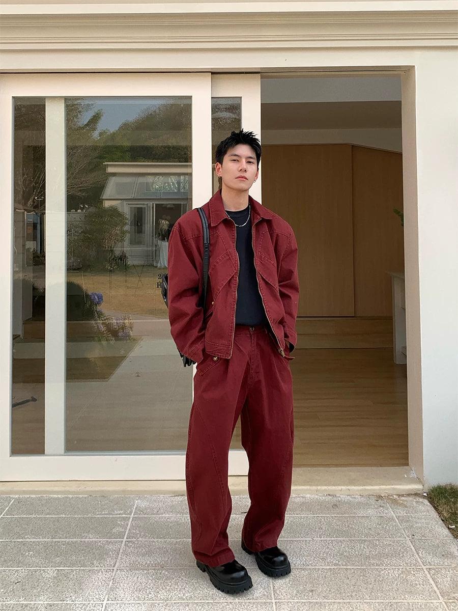 American High Street Red Lapel Jacket Jeans  Set FFF0291