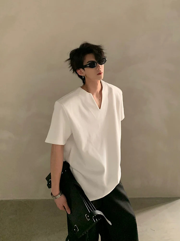 Summer high-end V-neck metal decorative shoulder pads short-sleeved T-shirt male ruffian handsome loose half-sleeved top J0090