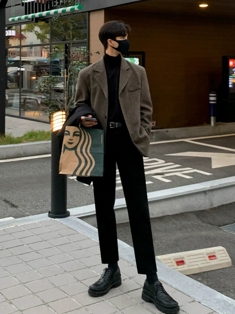 Woolen blazer Men's autumn and winter Korean loose trend thickened high-end small suit top R002