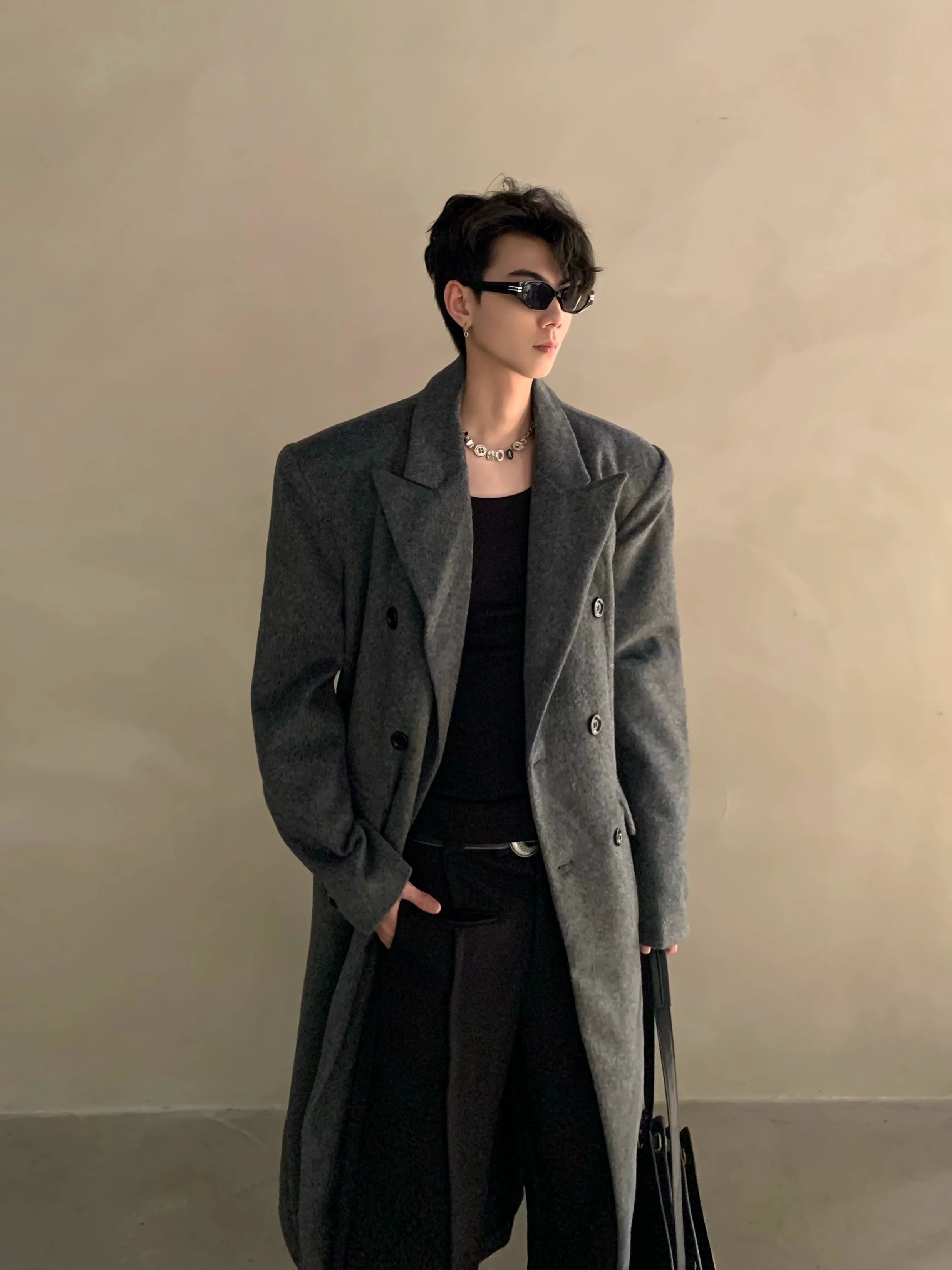 冬用ニッチショルダーパッド入りシルエットウールコートメンズロングダブルブレストプレミアムトレンチコートR037 