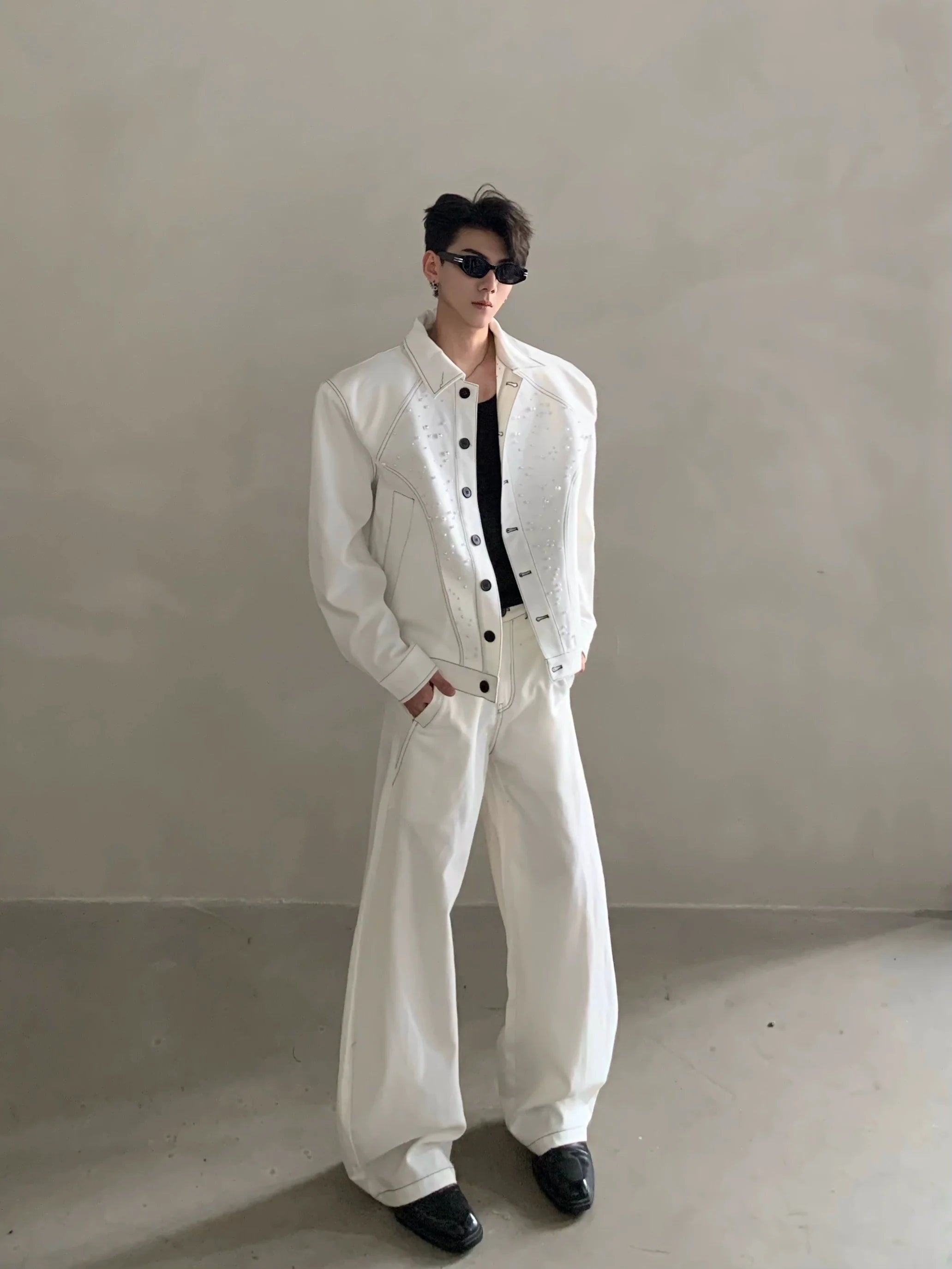 Niche high-end white shoulder padded jacket jacket men's autumn trousers suit minimalist style R003