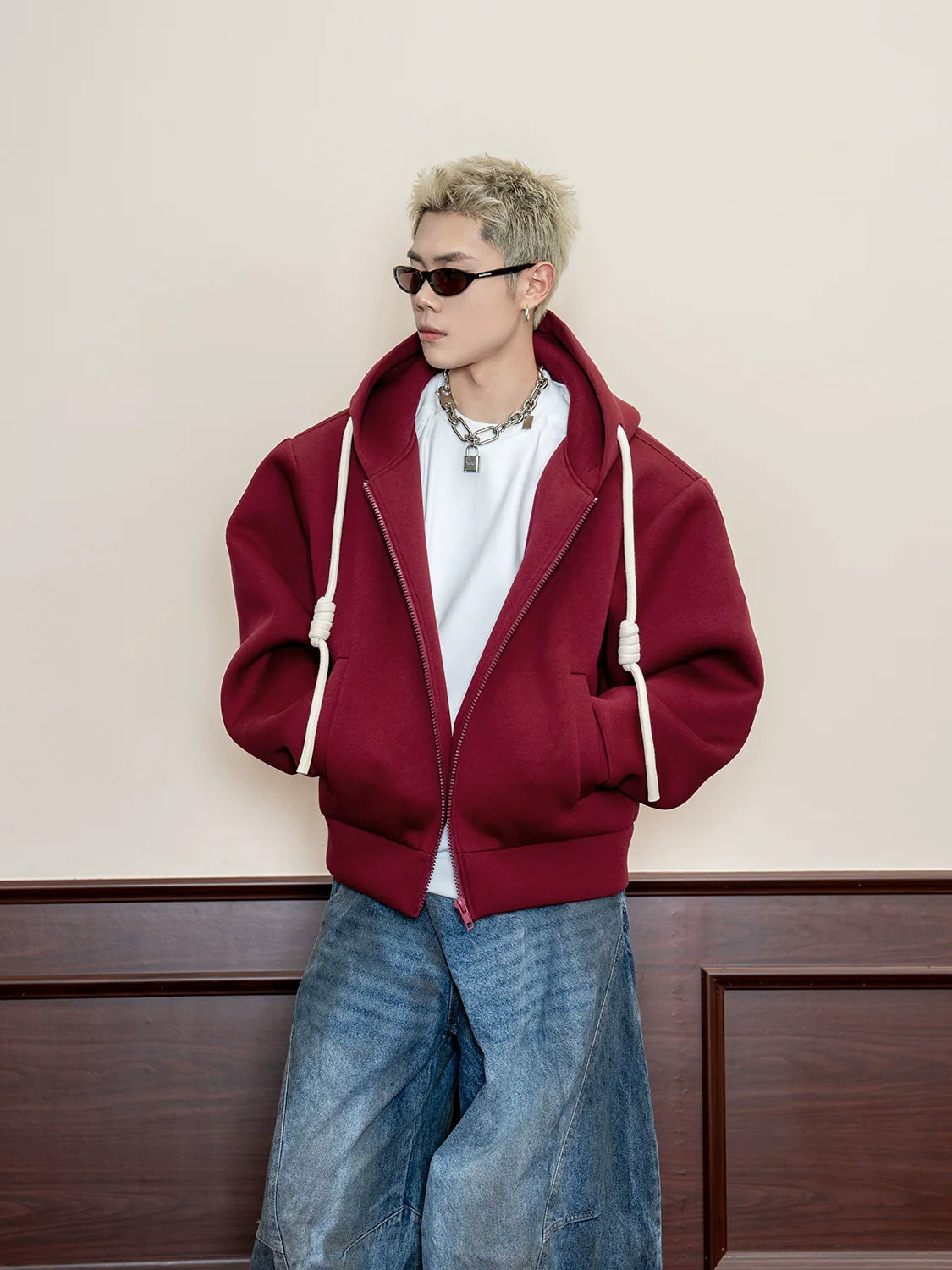 Handmade braided rope solid color hooded American casual sweater men's spring 500g heavy loose cardigan jacket S0173