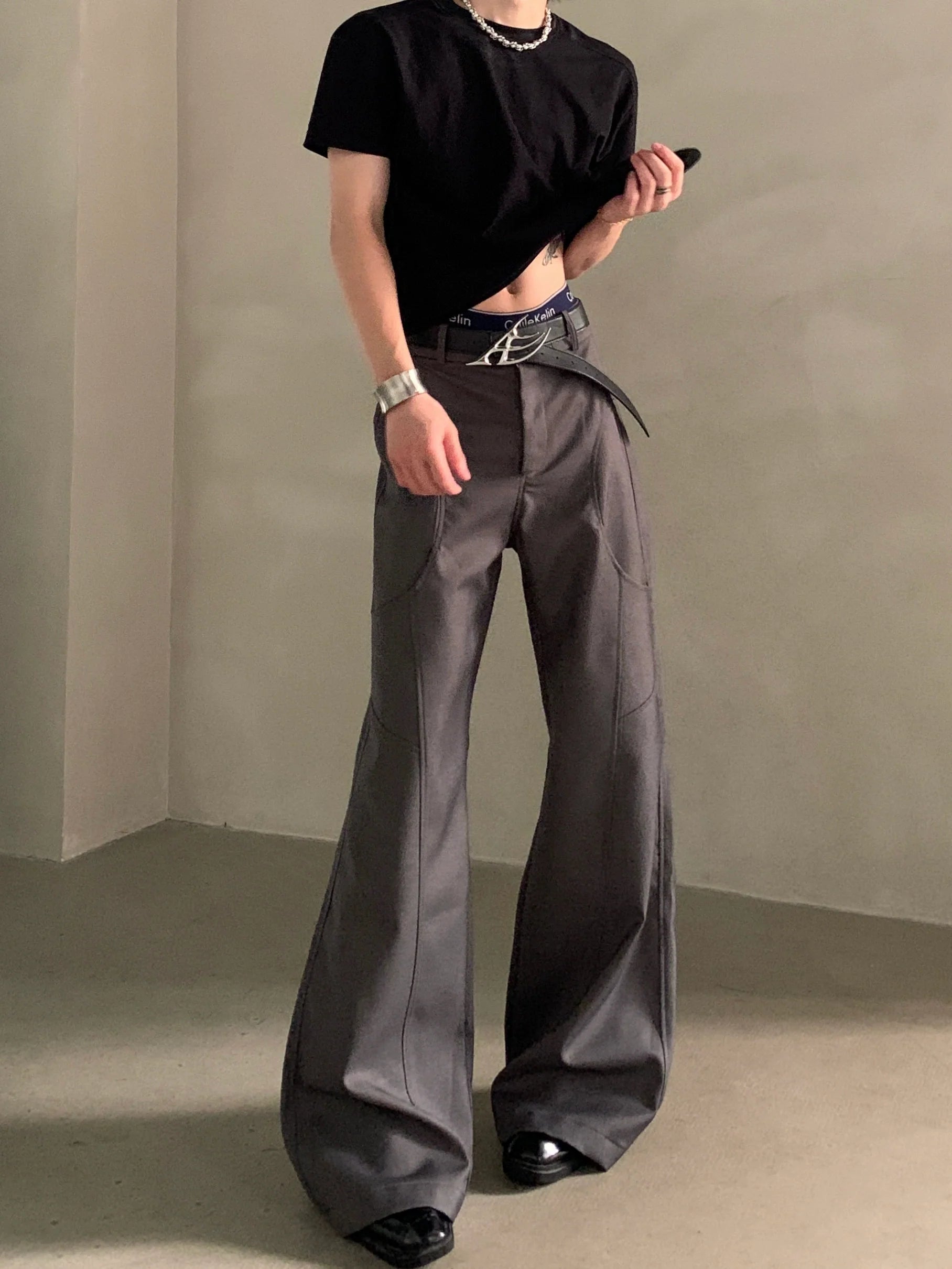 Niche design silhouette black micro-flared trousers men's senior sense cleanfit casual pants tide B0323