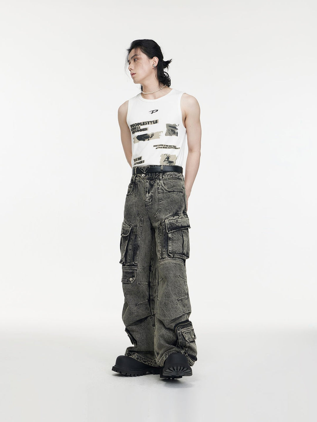 Multi-pocket wide leg casual jeans B0145