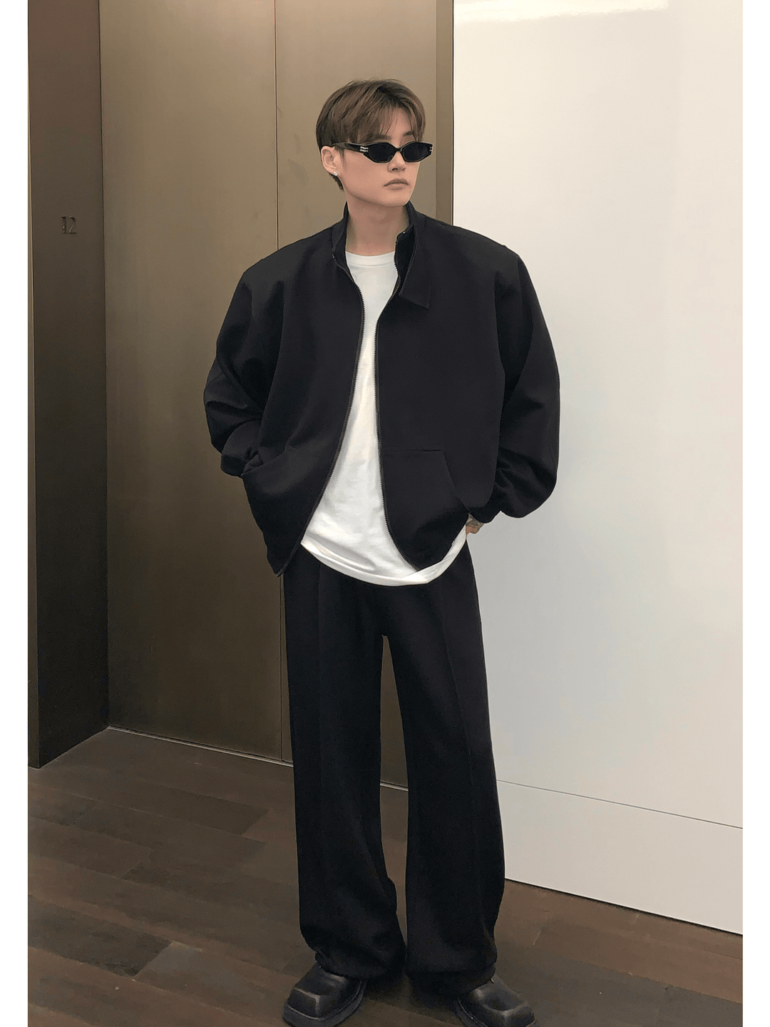 [CUIBUJU] スタンドカラーショルダーパッドカーディガンセーターセットアップ S0195