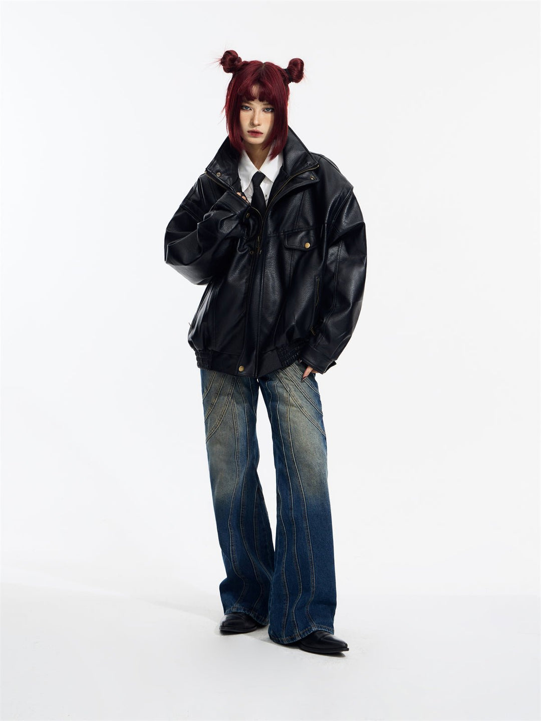 [PeopleStyle] Genderless wear silhouette fashionable leather jacket T0166