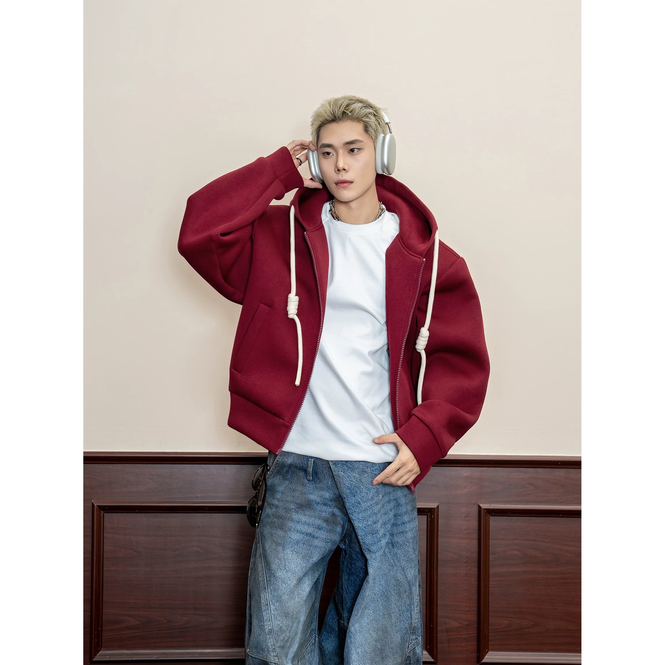 Handmade braided rope solid color hooded American casual sweater men's spring 500g heavy loose cardigan jacket S0173