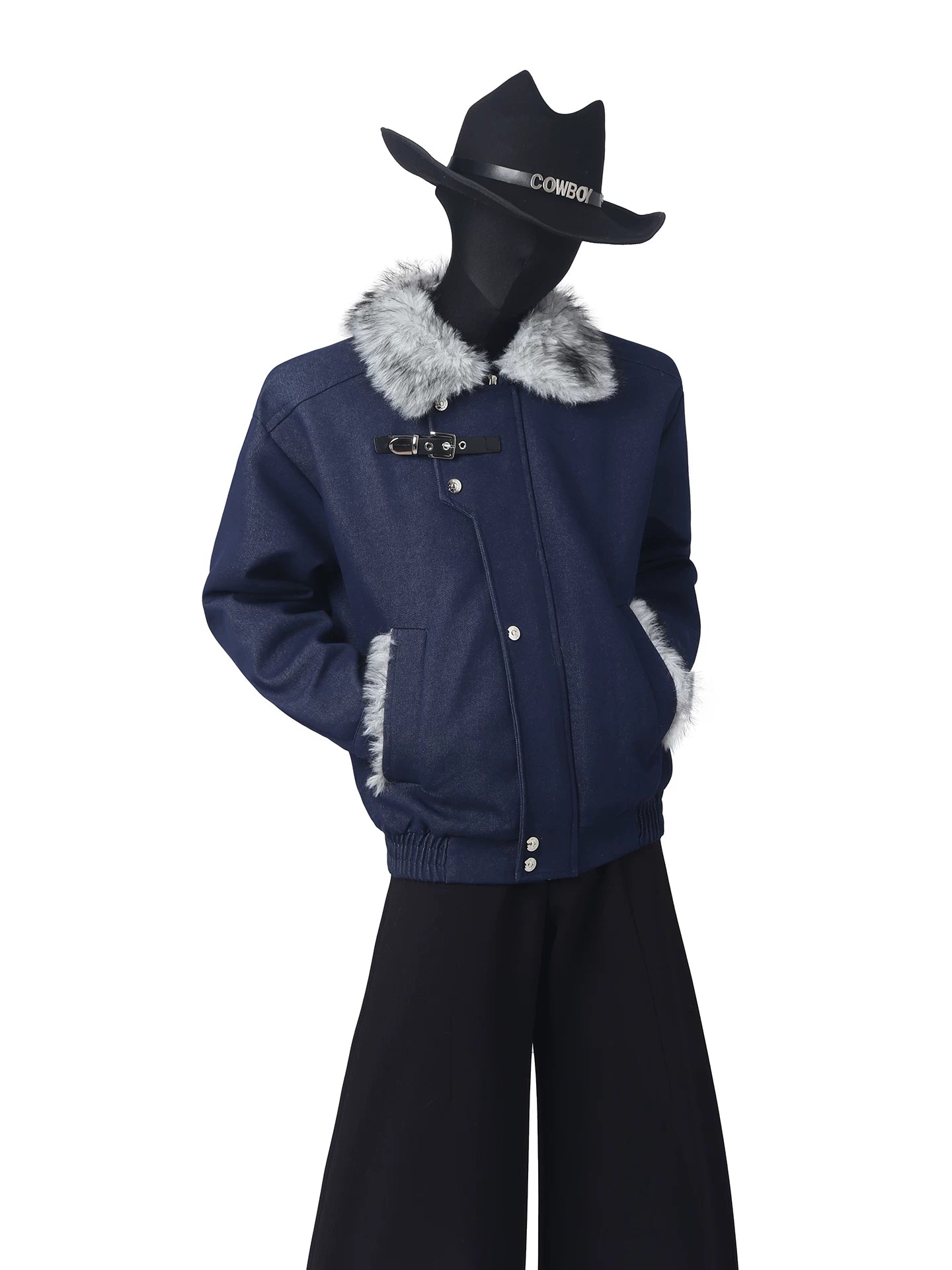 Denim fur collar locomotive cotton jacket FE0705