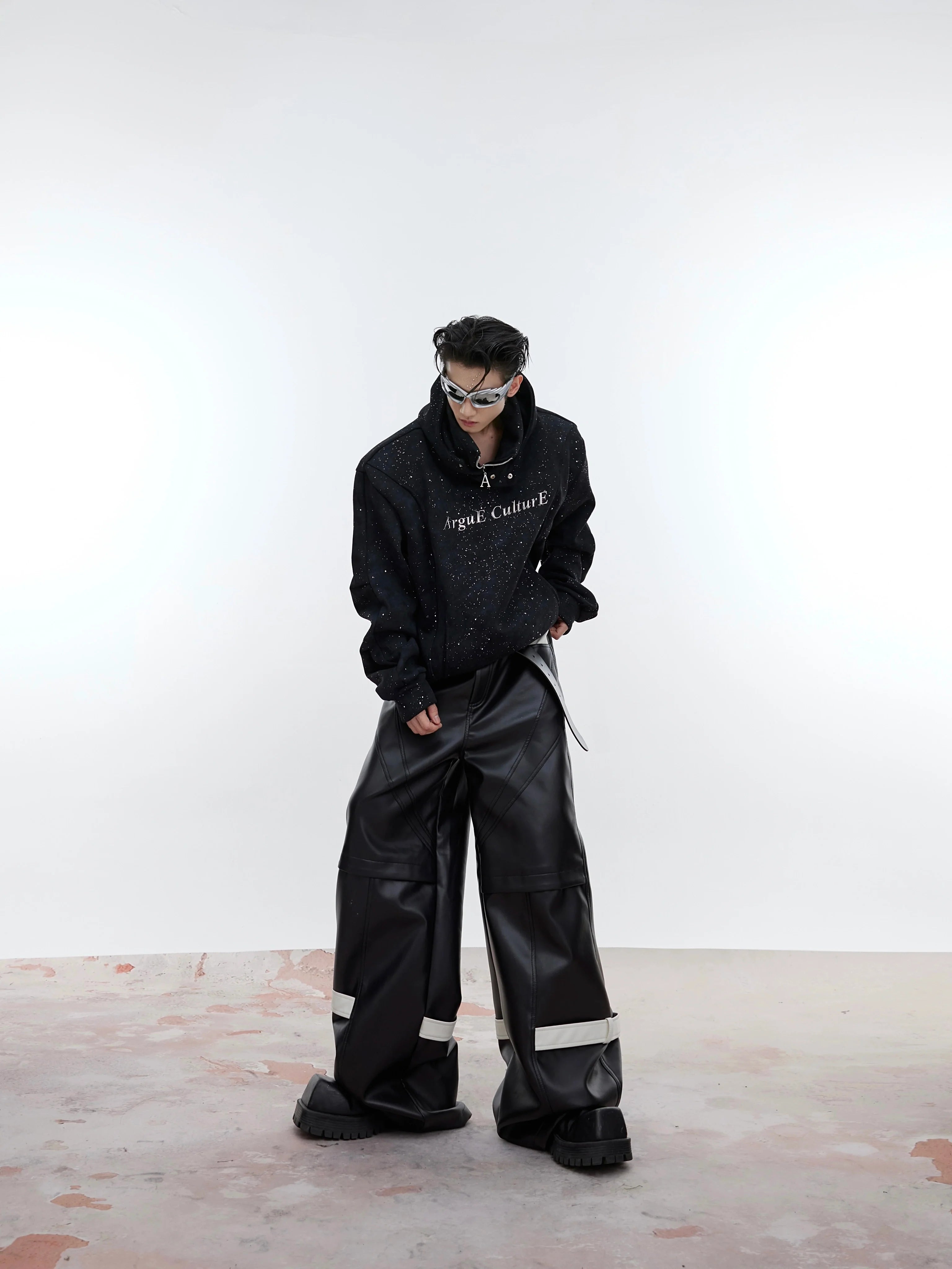 Niche old fine flash double collar design sense casual shoulder pads hooded sweater loose trend top S0168