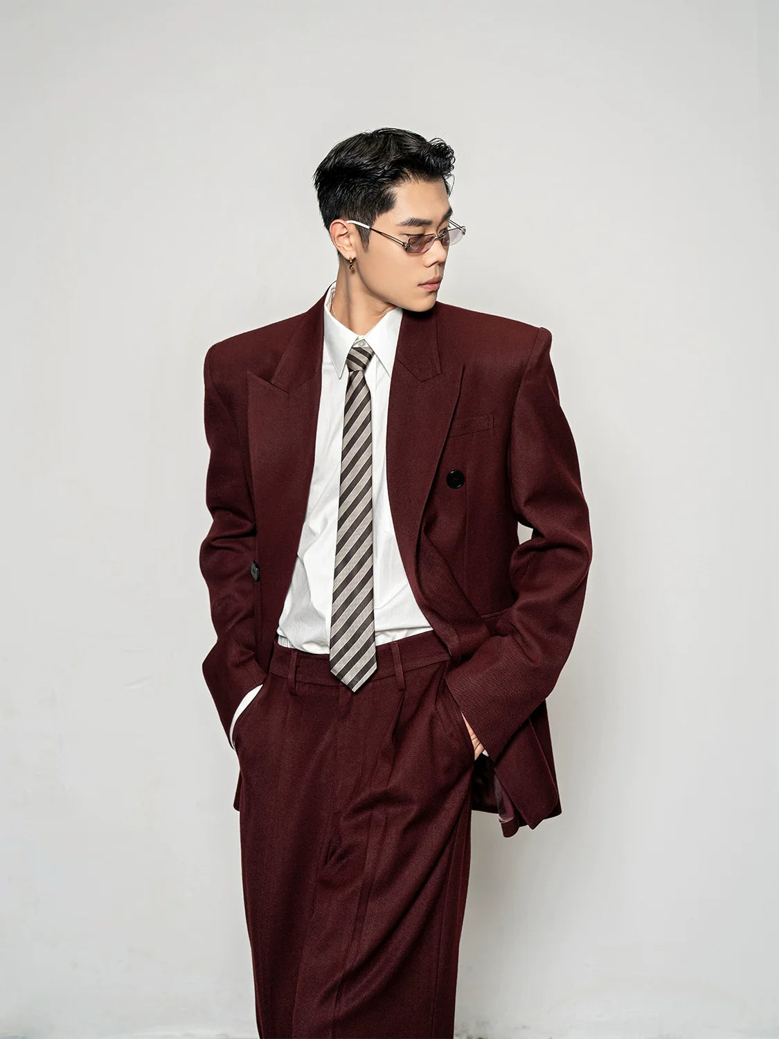 High quality wool overturned shoulder suit jacket men's loose and wide trousers two-piece set R019