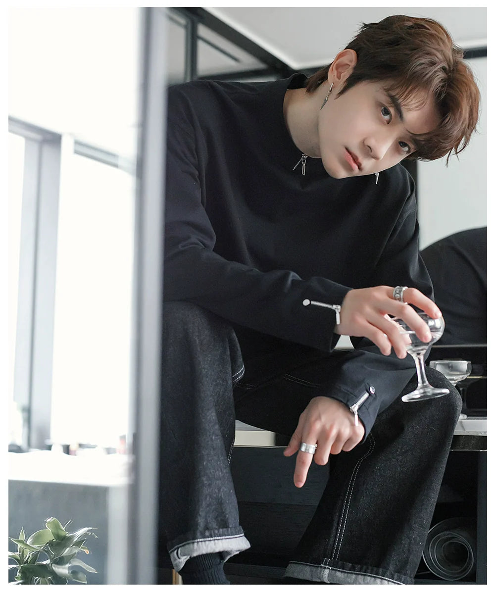 Men's spring zipper design sense inner bottoming shirt thin white long-sleeved T-shirt tide J0084