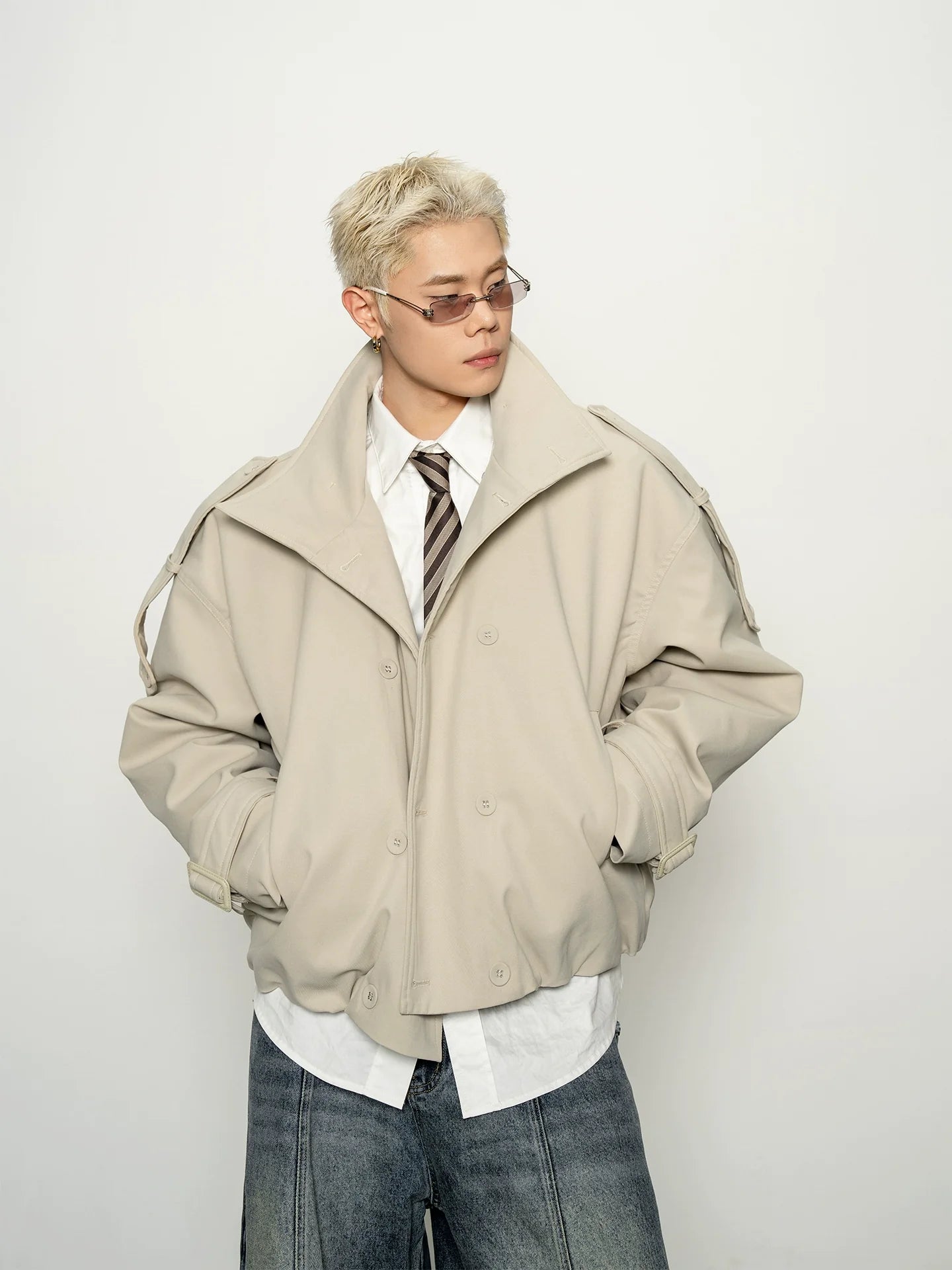 Pragmatism, American stand-up neck padded trench coat, wide shoulder, autumn and winter T0158 short jacket