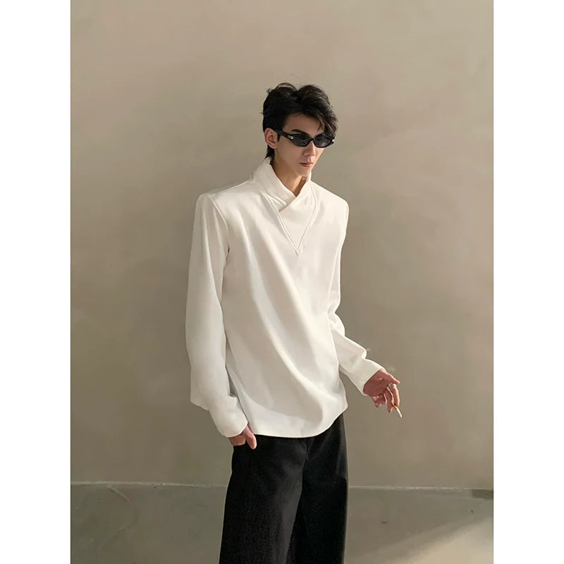 Autumn niche high-end sense stack collar silhouette long-sleeved T-shirt men's loose heavy ruffian handsome top J0086