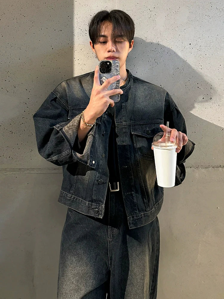 Ruffian handsome retro stand-up collar denim jacket men's spring and autumn loose wide-leg jeans Korean fashion suit T0150