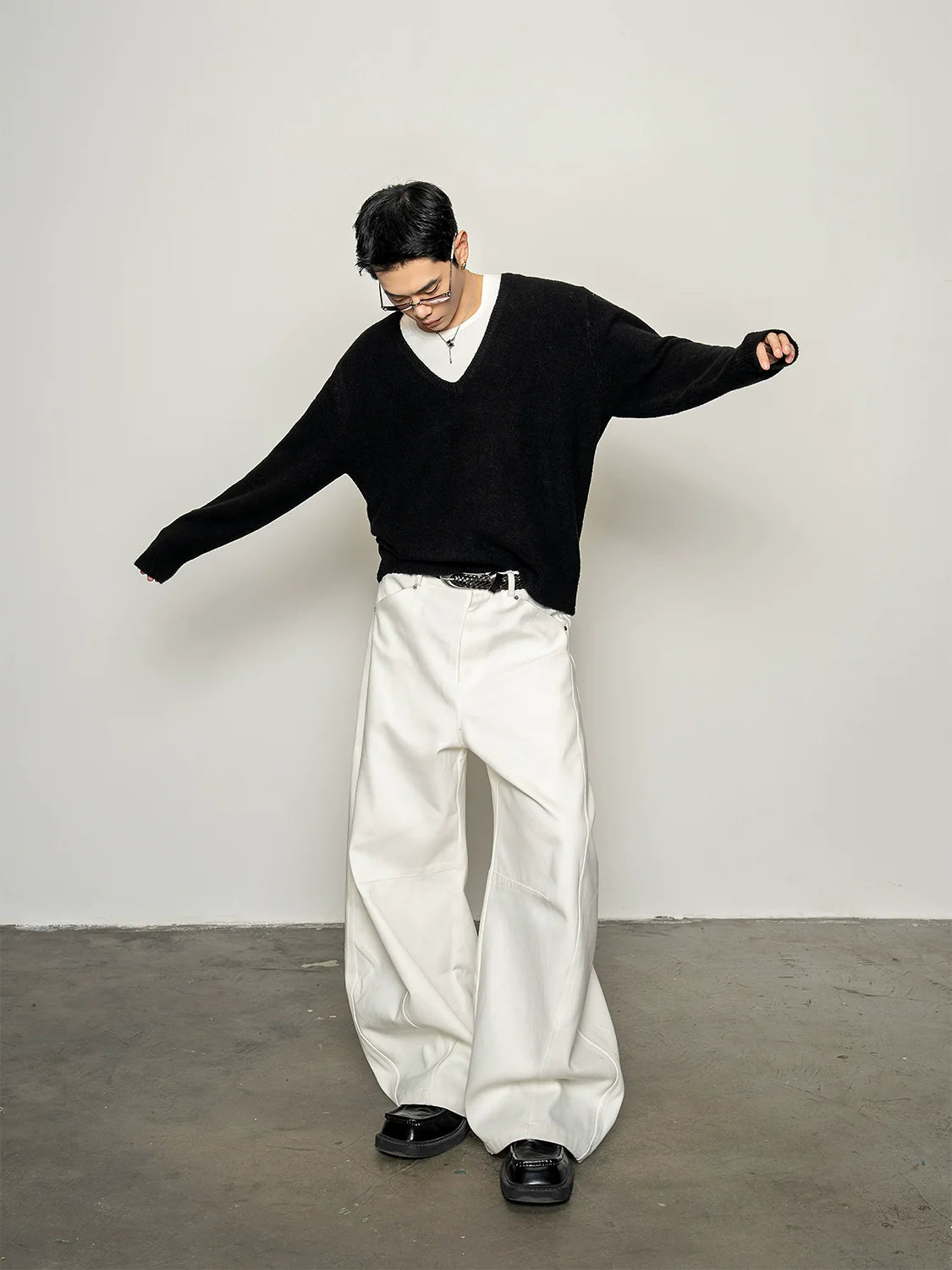 Deconstruction splicing milk silk white high-waisted scimitar pants anti-wrinkle loose wide-leg casual pants B0325