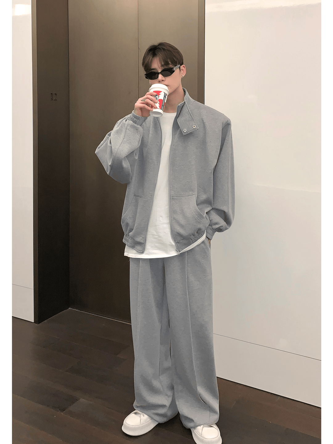 [CUIBUJU] スタンドカラーショルダーパッドカーディガンセーターセットアップ S0195