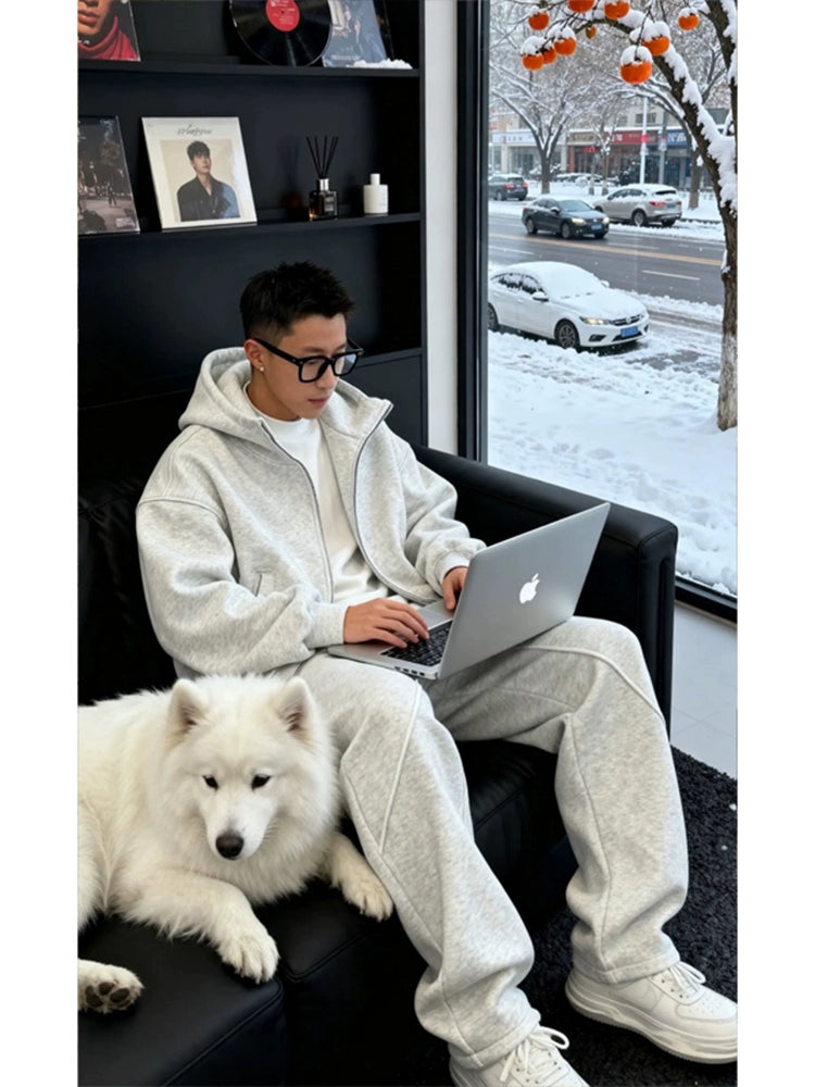 White grey hooded cardigan sweater set T0365