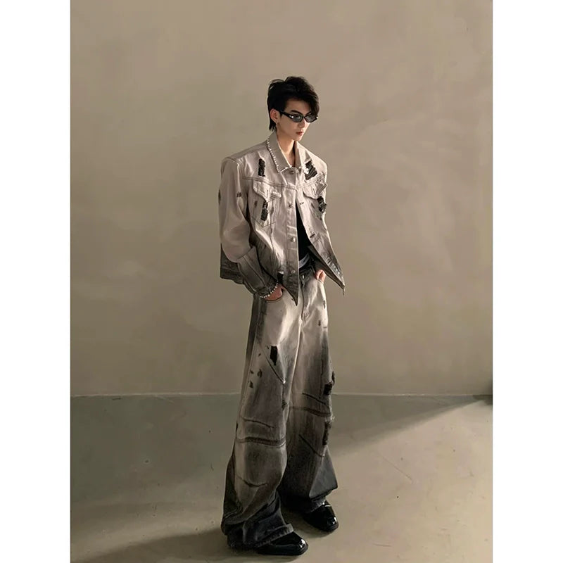 Chaqueta vaquera de alta gama para hombre con hombreras y diseño de agujeros teñidos con tierra de desecho de nicho R007 