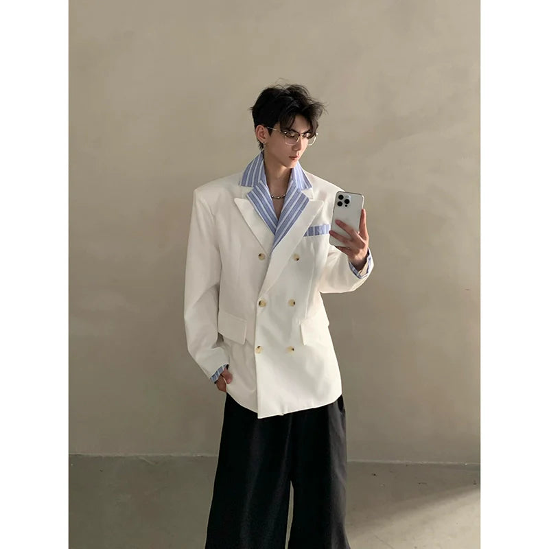 Traje de hombre de alta gama Miu a rayas con cuello camisero y hombreras, chaqueta estilo rufián R005 