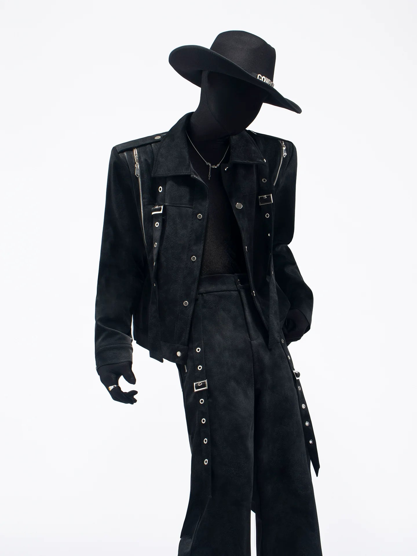 New personalized black metal decorative punk style suit PU black leather casual pants tide R013