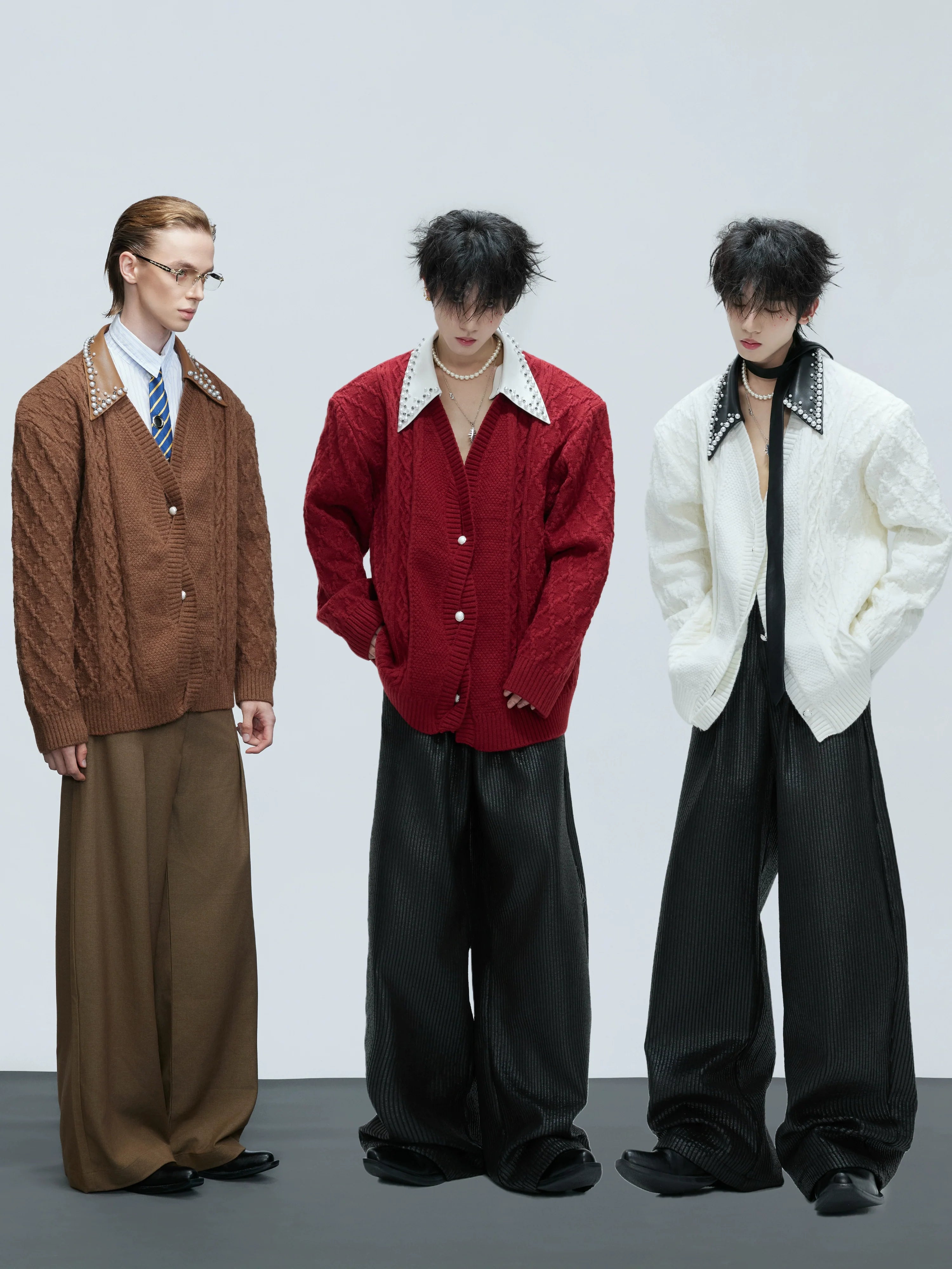 Suéter extravagante de dos piezas falso, retro, hecho a mano, con solapa gruesa de perlas, cárdigan de punto S0167 