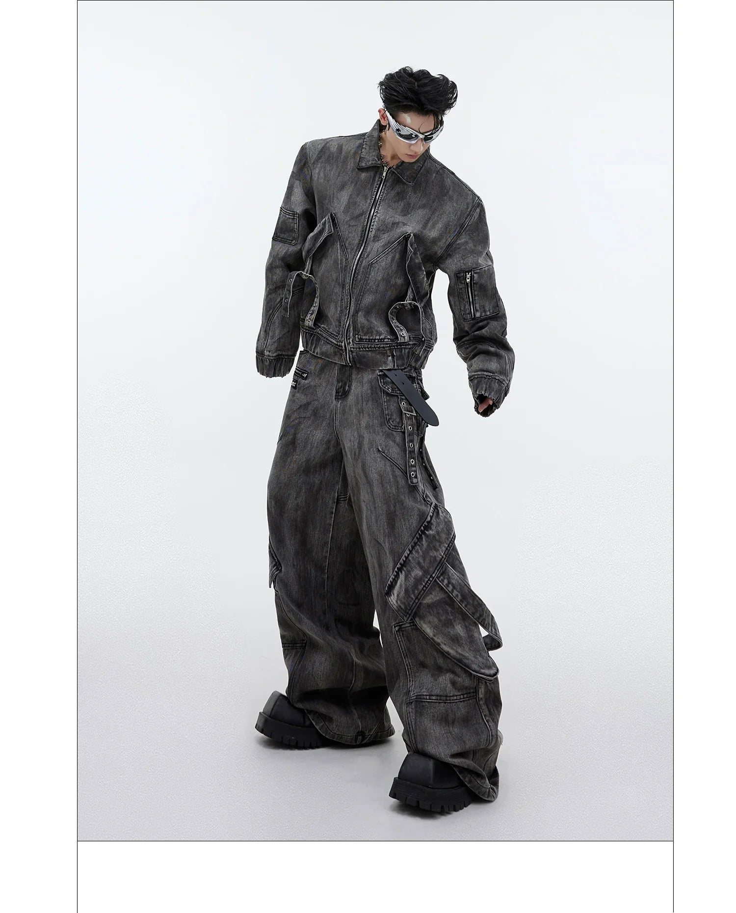 Niche retro old denim suit jacket jacket wasteland heavy zipper big pocket overalls R016