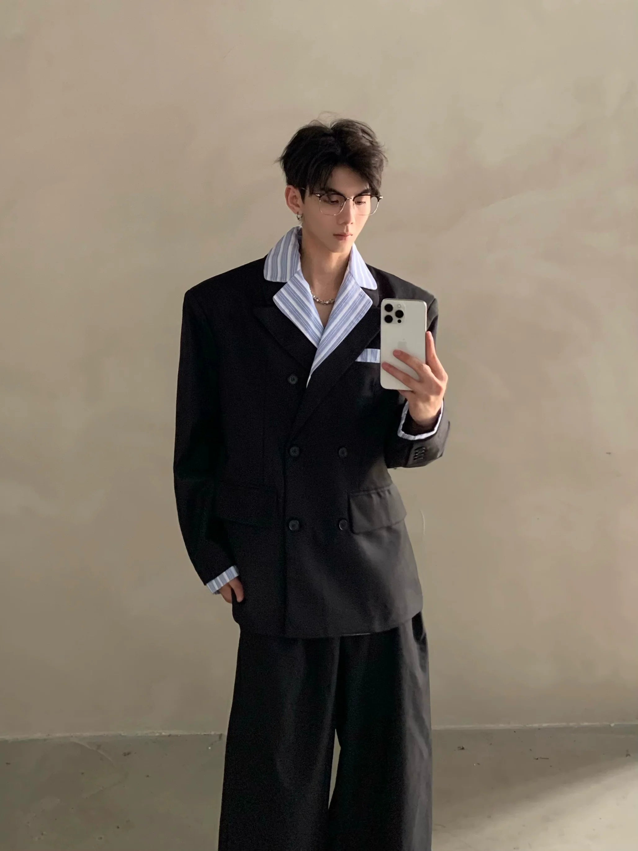 Traje de hombre de alta gama Miu a rayas con cuello camisero y hombreras, chaqueta estilo rufián R005 