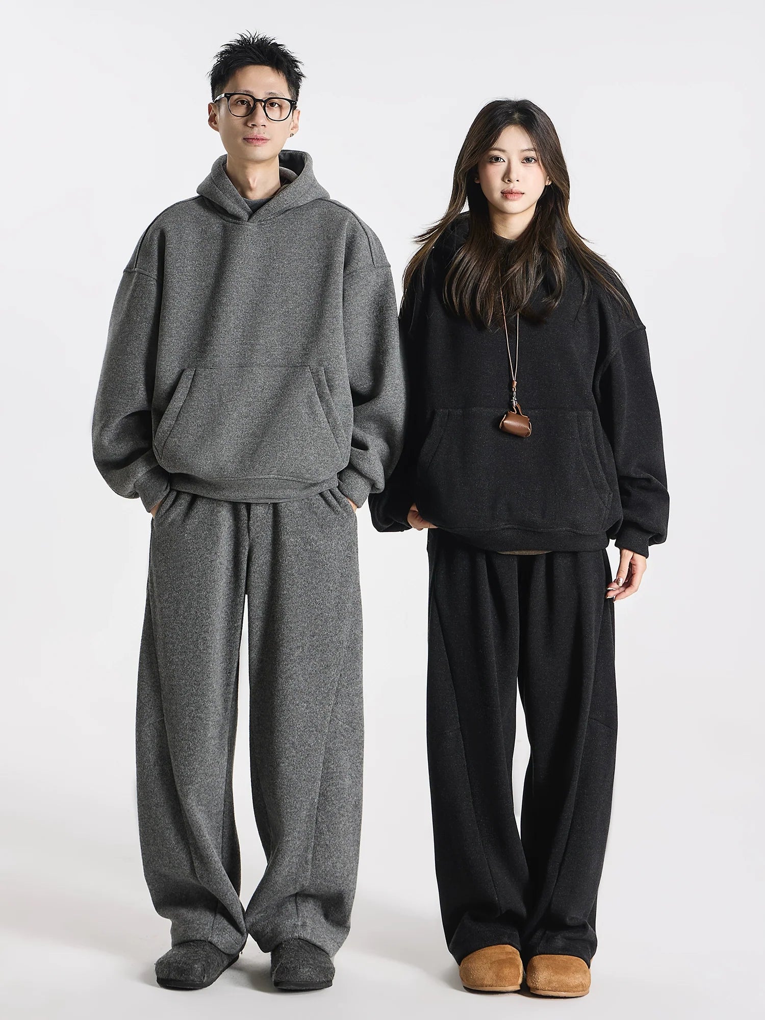 Kangaroo sweater heavy double stream spinning terry cloth stacked wear velvet kangaroo hooded sweater set S0177