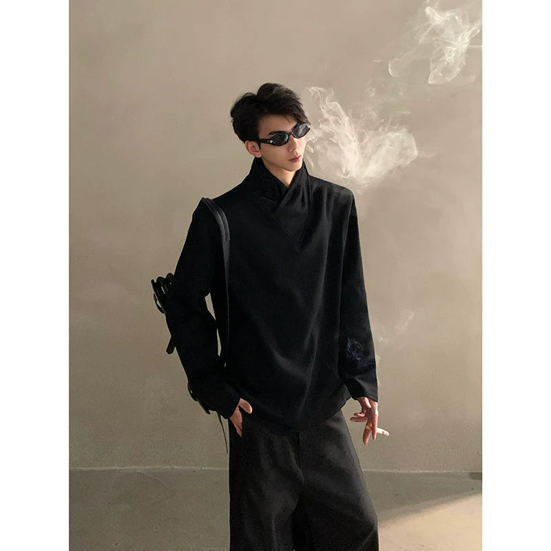 Autumn niche high-end sense stack collar silhouette long-sleeved T-shirt men's loose heavy ruffian handsome top J0086