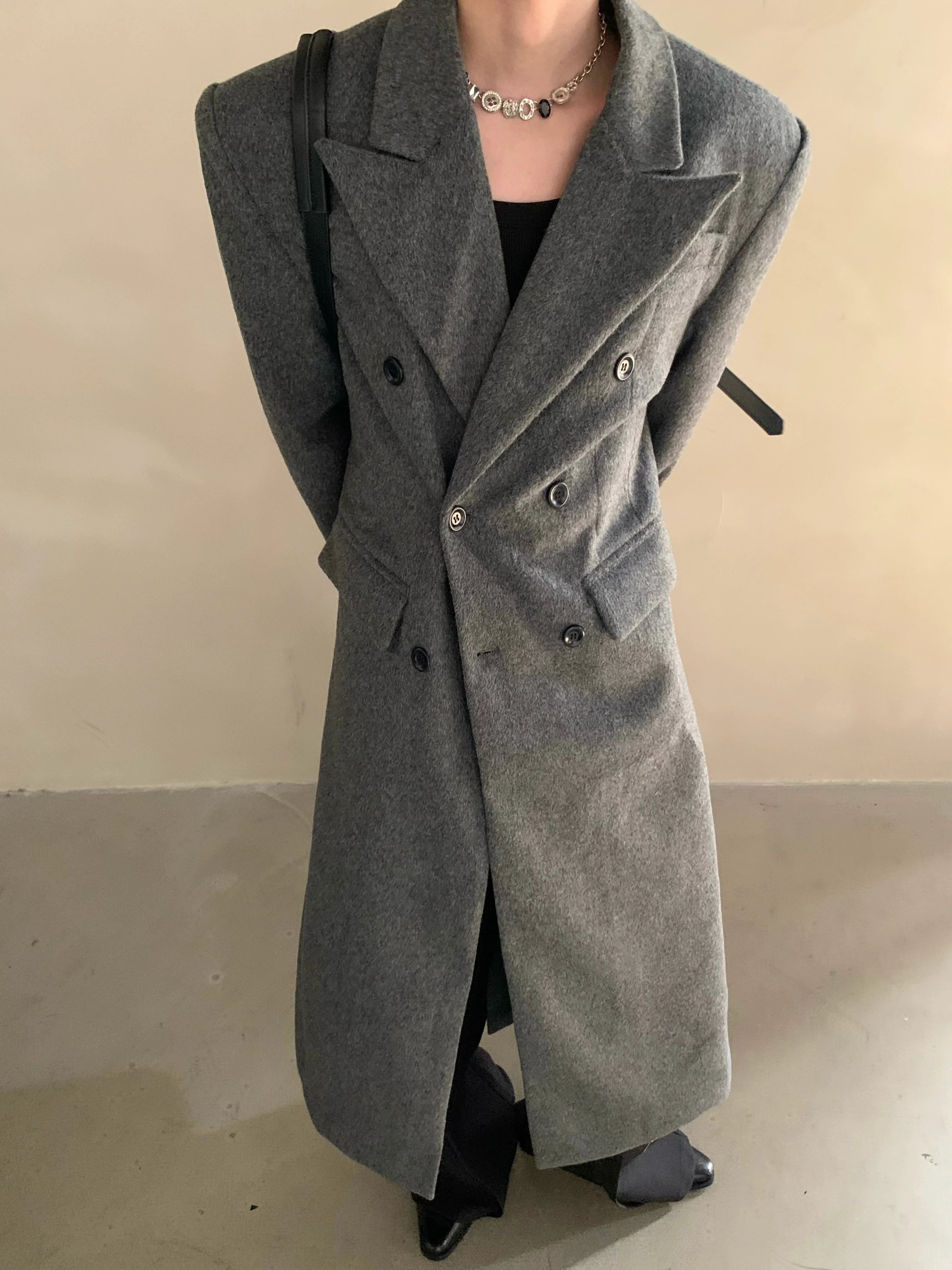 冬用ニッチショルダーパッド入りシルエットウールコートメンズロングダブルブレストプレミアムトレンチコートR037 