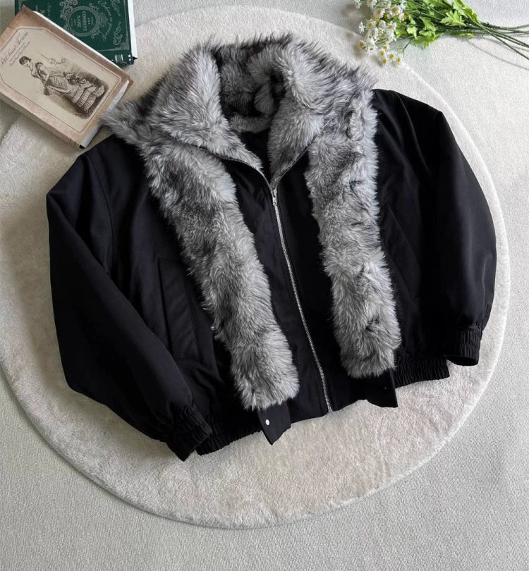 Imitation wolf hair warm double-layer fur collar short cotton jacket FE0709