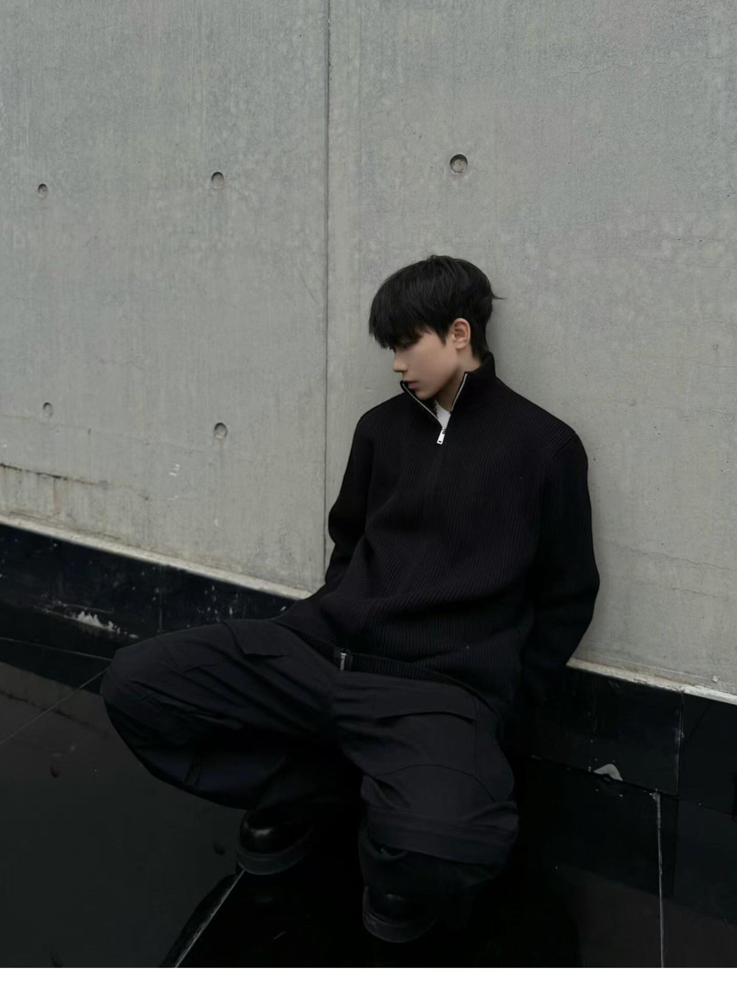 [WXB] KOREAN RIBBED ZIP-UP HIGH COLLAR shirt T0203