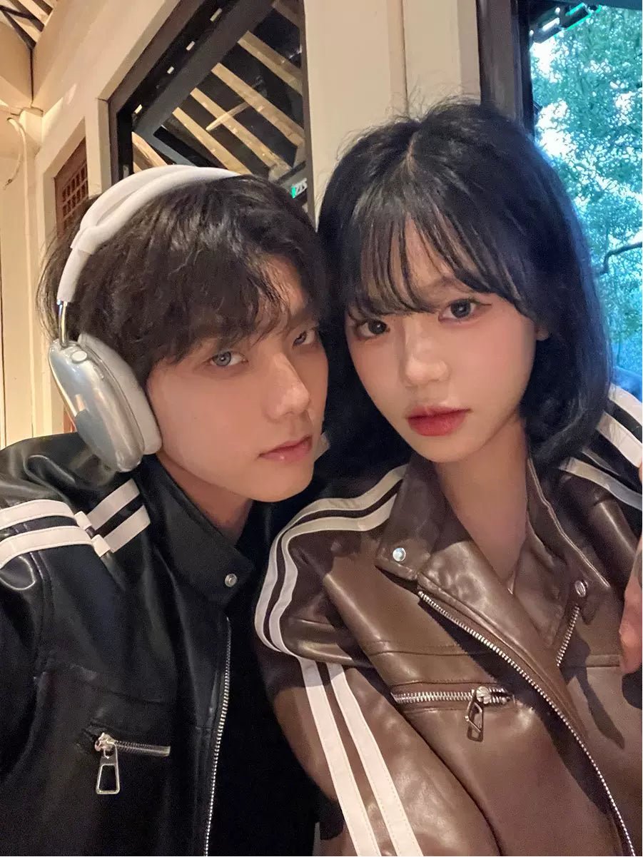 [K09] PU leather striped jacket T0169