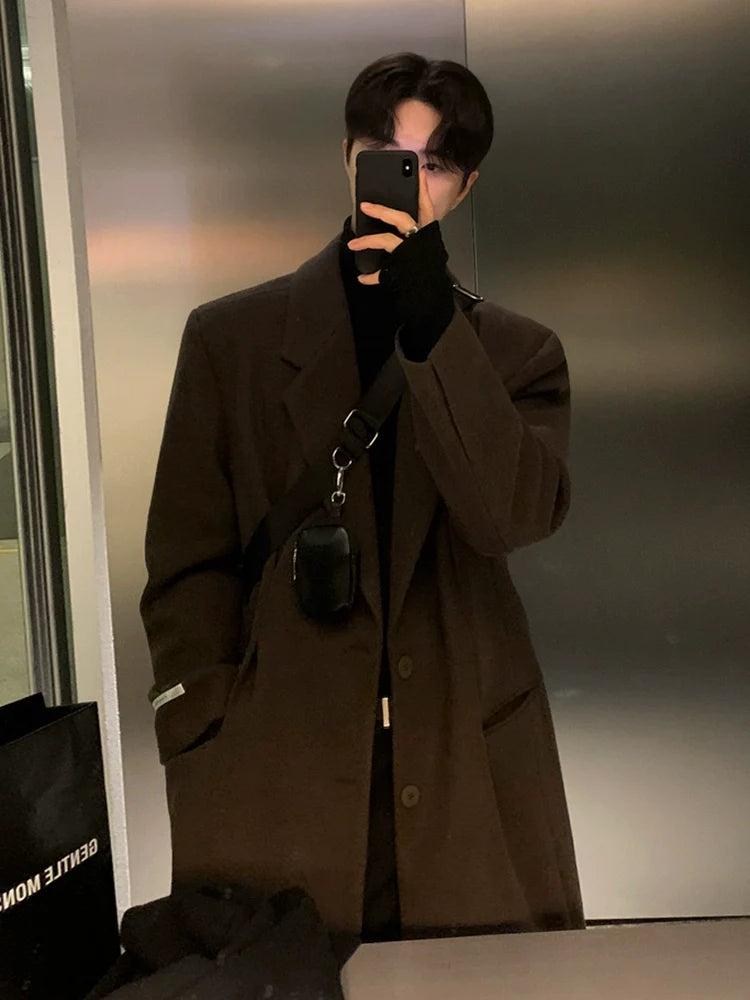 ウールコートメンズ冬ミディアムロング膝丈ウールトレンチコート韓国雰囲気厚手暖かいジャケットR038