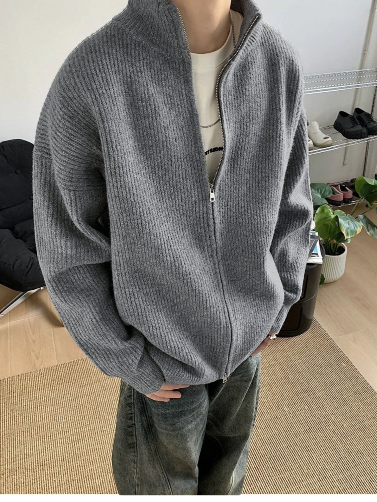 [WXB] KOREAN RIBBED ZIP-UP HIGH COLLAR shirt T0203