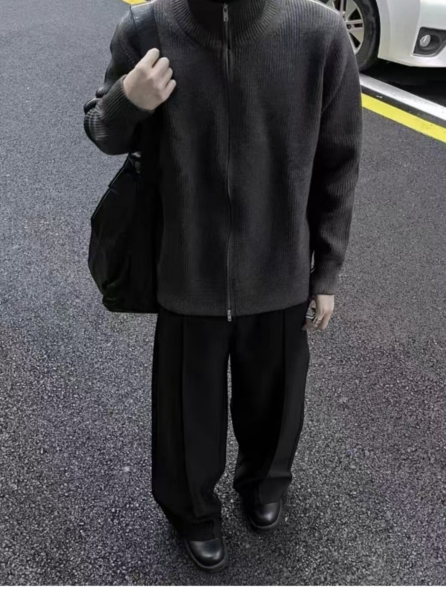 [WXB] KOREAN RIBBED ZIP-UP HIGH COLLAR shirt T0203