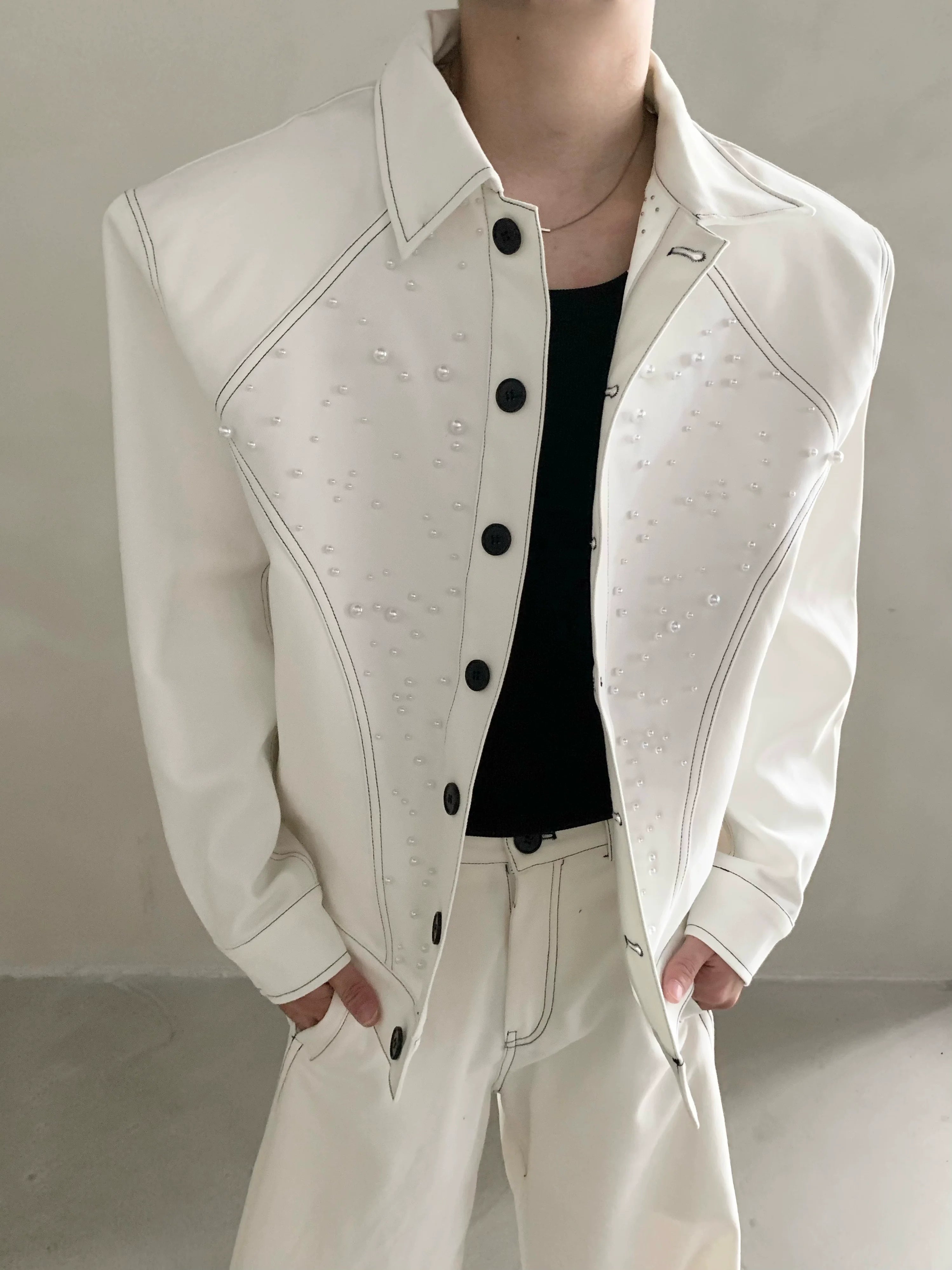 Niche high-end white shoulder padded jacket jacket men's autumn trousers suit minimalist style R003