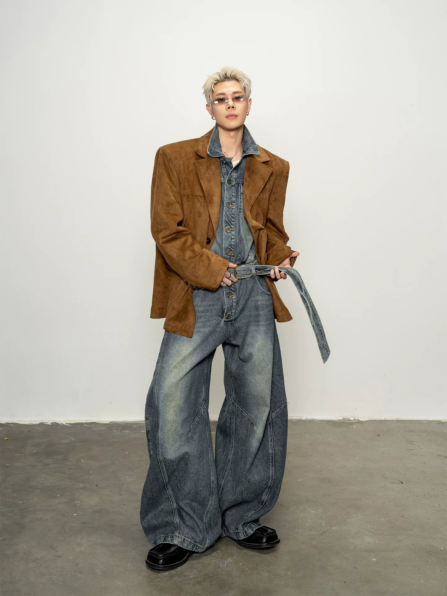 Autumn and winter relaxation suede quite wide shoulder padded suit men's Maillard loose blazer R027