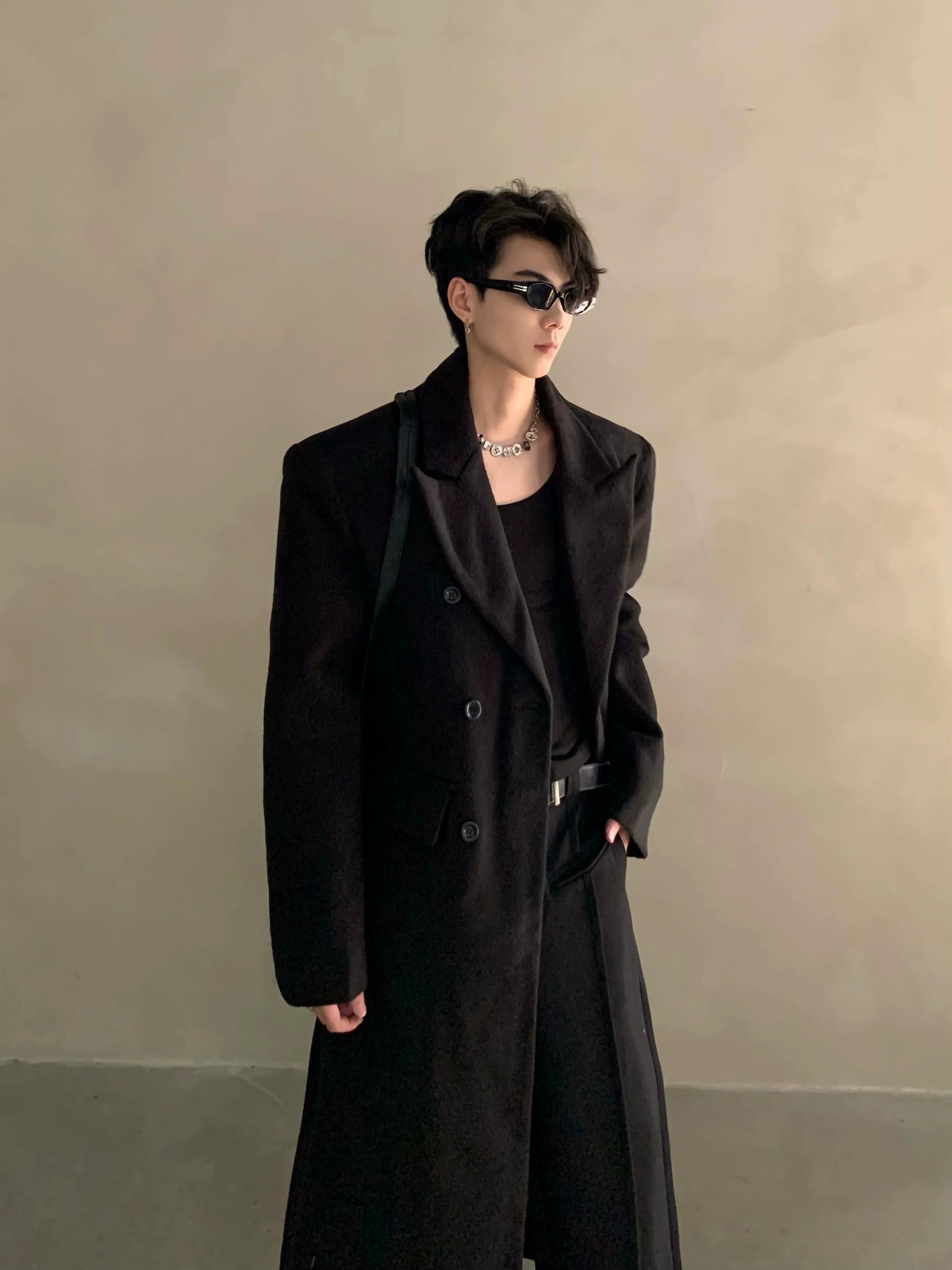 冬用ニッチショルダーパッド入りシルエットウールコートメンズロングダブルブレストプレミアムトレンチコートR037 