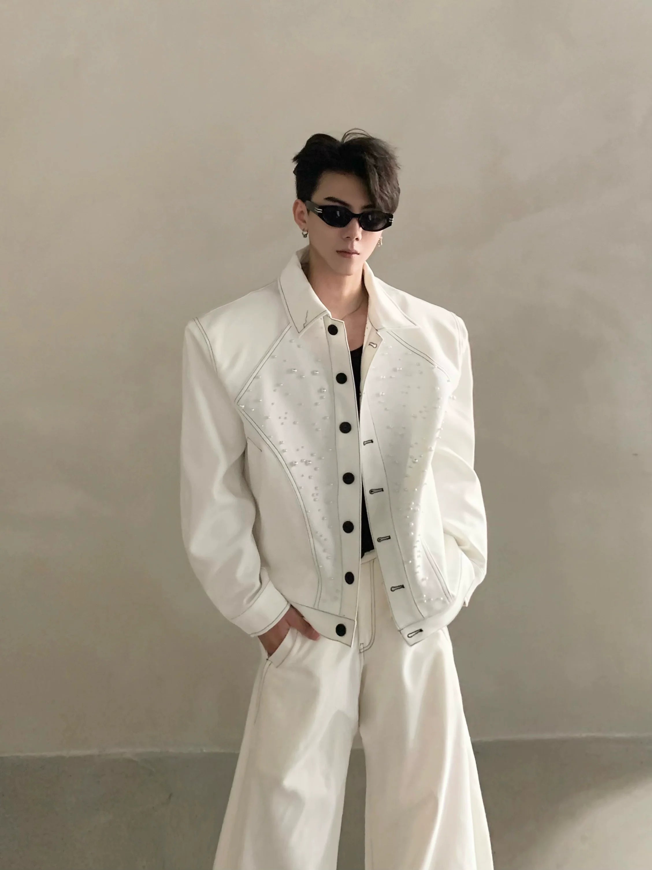 Niche high-end white shoulder padded jacket jacket men's autumn trousers suit minimalist style R003