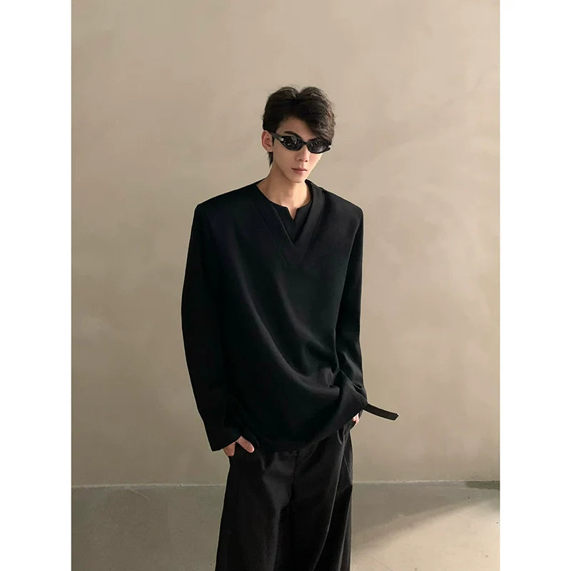Autumn high-end sense niche design sense V-neck shoulder pads long-sleeved T-shirt men's versatile loose tide  J0089