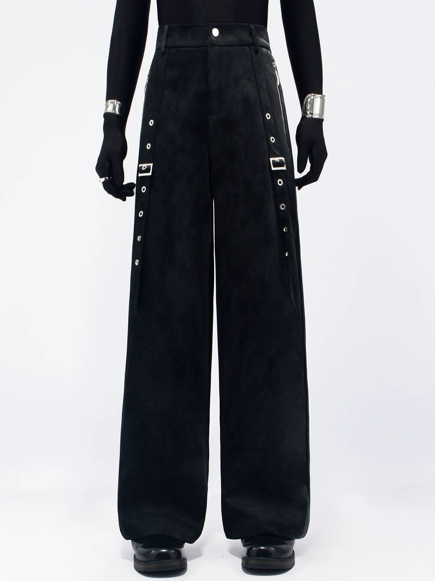 New personalized black metal decorative punk style suit PU black leather casual pants tide R013